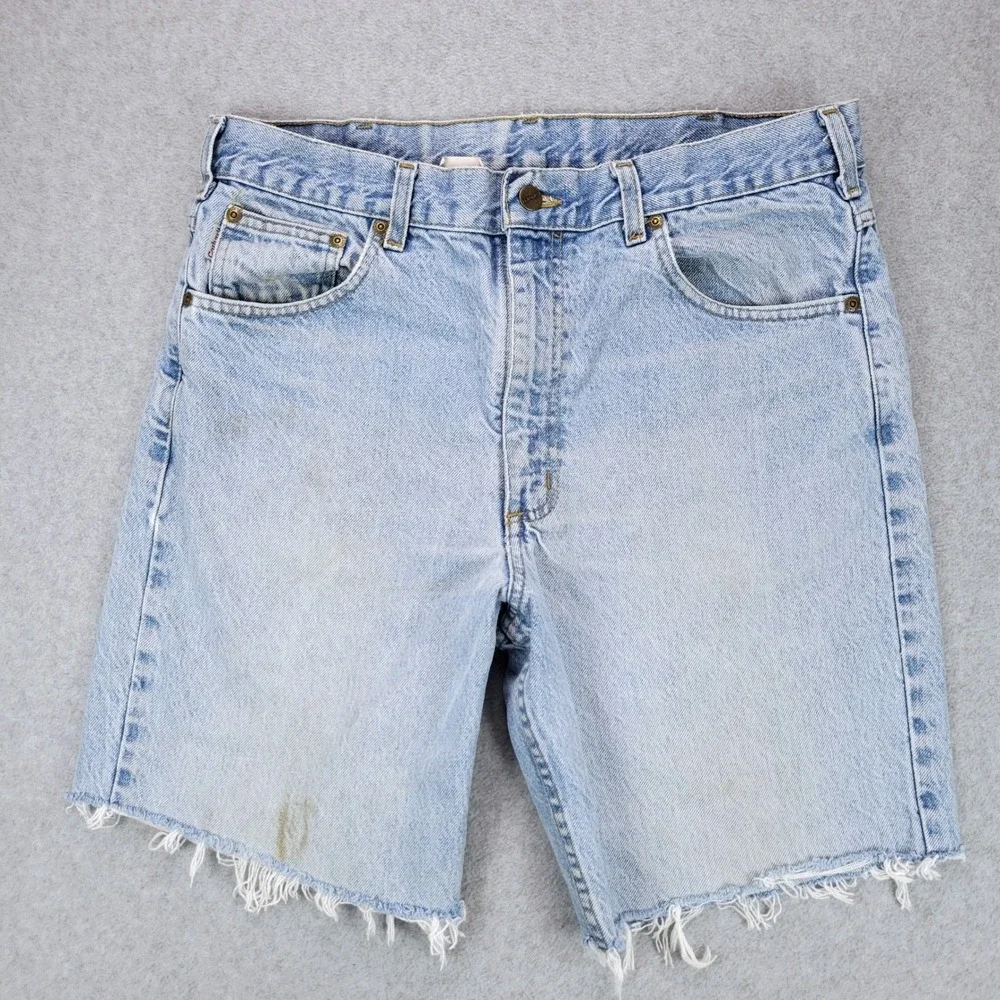 Carhartt Denim Shorts Mens 36 Light Wash Blue B18STW Raw Hem Distressed Cut Offs